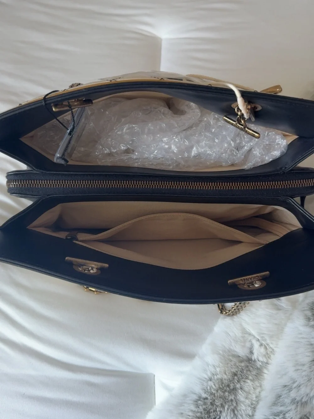 CHANEL Beige Quilted Leather Tote with Dark Trim and Aged Gold Hardware l COA